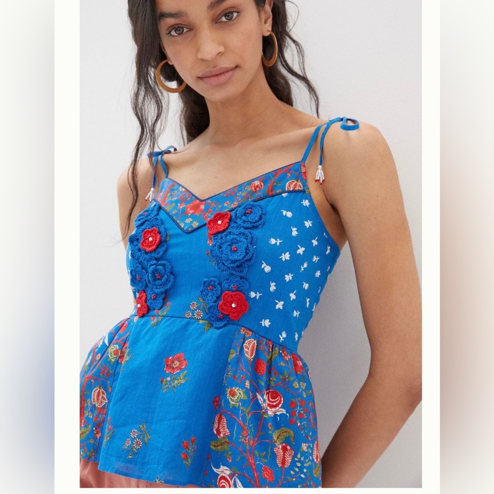 Anthropologie Nikasha tank blue floral crochet appliqué size large